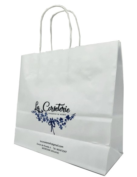 BOLSA DE PAPEL ASA RETORCIDA 23x21+8 PERSONALIZADA BLANCO (CAJA 250 UDS.)