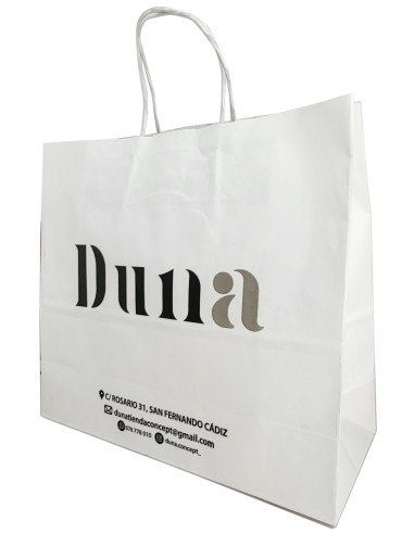 BOLSA DE PAPEL ASA RETORCIDA 23x21+8 PERSONALIZADA BLANCO (CAJA 250 UDS.)
