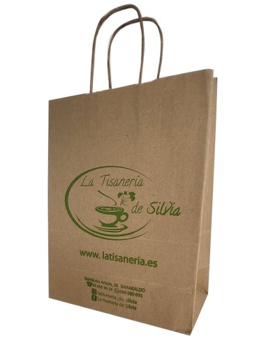 BOLSA DE PAPEL ASA RETORCIDA 24x31+12 PERSONALIZADA KRAFT RECICLADO (CAJA 300 UDS.)