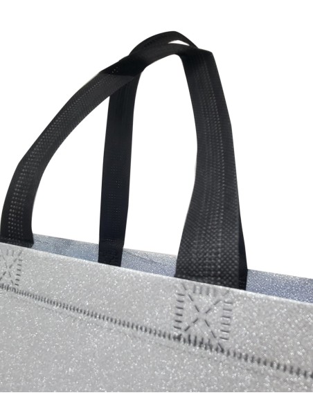BOLSA TEJIDO NO TEJIDO TERMOSELLADA GLITTER PLATA 30X25+10 (CAJA 250 UDS.)