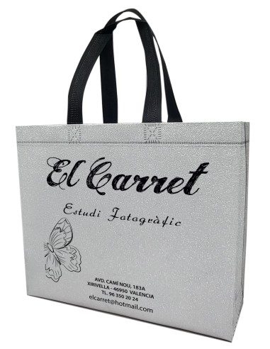 BOLSA TERMOSELLADA GLITTER PLATA PERSONALIZADA 30X25+10 (CAJA 250 UDS.)