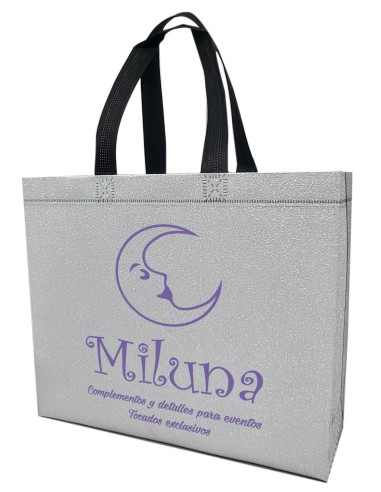 BOLSA TERMOSELLADA GLITTER PLATA PERSONALIZADA 30X25+10 (CAJA 250 UDS.)