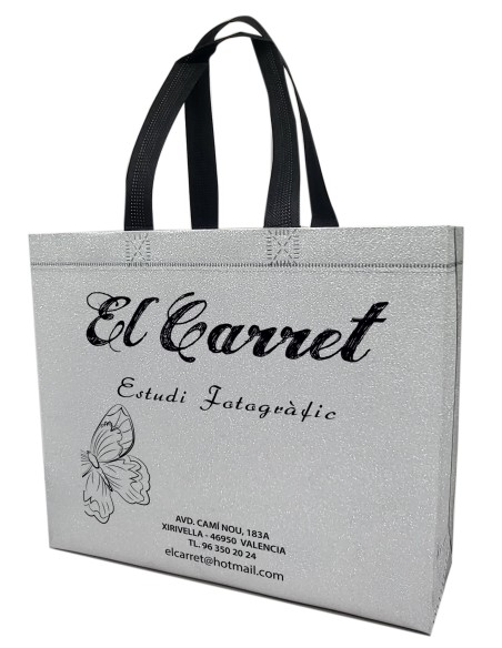 BOLSA TERMOSELLADA GLITTER PLATA PERSONALIZADA 40x34+14 (CAJA 250 UDS.)