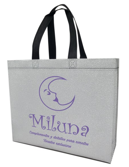 BOLSA TERMOSELLADA GLITTER PLATA PERSONALIZADA 40x34+14 (CAJA 250 UDS.)