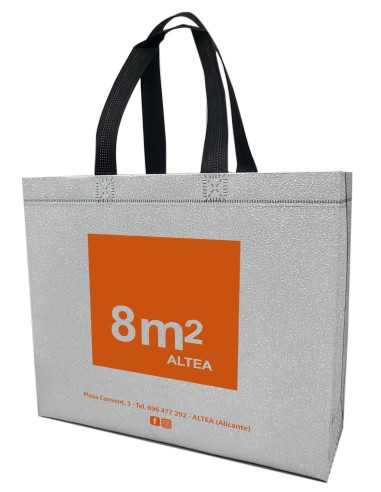 BOLSA TERMOSELLADA GLITTER PLATA PERSONALIZADA 40x34+14 (CAJA 250 UDS.)