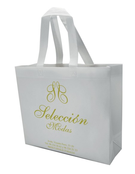 BOLSA TERMOSELLADA CON FUELLE SIN LAMINAR PERSONALIZADA 40X34+14 BLANCO (CAJA 250 UDS.)